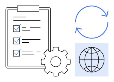 İşaretli ögelerle kontrol listesi, işlem için teçhizat, küresel konsept için dünya, akış için oklar. Yönetim, verimlilik, planlama, yenilik küreselleşme süreci optimizasyon takım çalışması için idealdir. Basit.