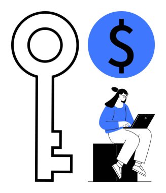 Kadın, büyük boy anahtar ve dolar işaretinin yanında dizüstü bilgisayarda çalışarak çözümleri, zenginliği ve dijital aletleri sembolize ediyor. Finans, teknoloji, yatırım, yenilik, eğitim girişimciliği için ideal
