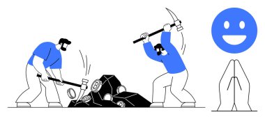 İki adam kazma ve çekiçle kayalara vuruyor, neşeli ifadeler ve katlanmış eller. Takım çalışması için ideal, çok çalışma, üretkenlik, minnettarlık, kararlılık, motivasyon, basit iniş sayfası