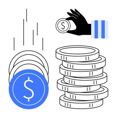 Elin bozuk para, bozuk para ve uzun bir yığın tutuyor. Finans, tasarruf, yatırım, bankacılık, para yönetimi zenginlik inşa ve ekonomi temaları için idealdir. Minimalist düz metafor