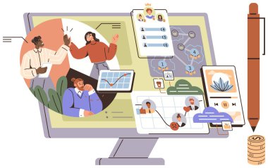 Masaüstü ekranında analitik grafikler, iş akışları, iletişim, video aramaları, çevrimiçi araçlar ve takım çalışması görselleri gösteriliyor. İş, teknoloji, uzak çalışma takımı yönetim ağı işlemleri için ideal