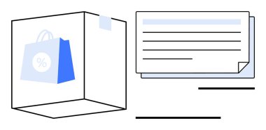 Detaylı bir fatura ile birlikte alışveriş çantası tasarımı ile birlikte hediye paketi. Çevrimiçi mağaza, nakliye, sipariş takibi, fatura, ambalaj, perakende pazarlama, e-ticaret, basit düz metafor