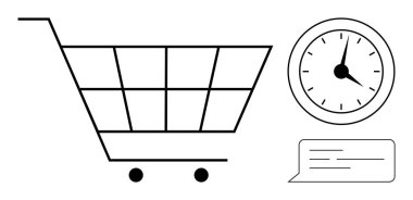 Alışveriş arabası, analog saat ve hızlı servisi, zaman tasarrufu, online alışveriş ve müşteri desteğini vurgulayan sohbet balonu. E-ticaret, zamanlama, lojistik zaman yönetimi için ideal