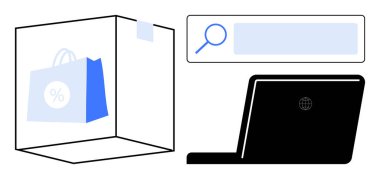 Şeffaf bir kutunun içinde indirim simgesi olan bir alışveriş torbası büyüteçle arama barı ve bir dizüstü bilgisayar. E-ticaret, çevrimiçi alışveriş, markalaşma, teknoloji, arama, perakende sade iniş için ideal