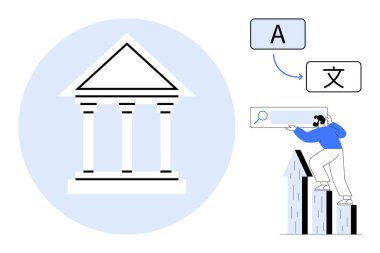 Kitapların üzerinde duran ve dil seçeneklerini araştıran bireysel kütüphane oluşturma simgesi. Eğitim, çeviri, araştırma, kültür, öğrenme, dil araçları, erişilebilirlik için ideal. Basit düz metafor