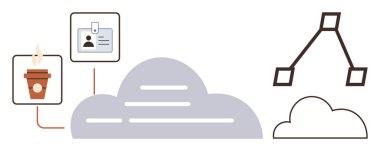 Bulut merkezi kahve fincanı ve kimlikle bağlantılı, işbirliği ve iş akışını temsil ediyor. Bağlantı yolu organizasyonel iş akışı şemasına götürür. Teknoloji, uzaktan çalışma, ağ, veri akışı için ideal