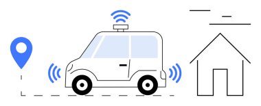 Kablosuz sinyalleri olan akıllı bir araba eve ve lokasyon iğnesine doğru gidiyor. Teknoloji, yenilik, hareketlilik, ulaşım, GPS navigasyon, otomasyon, akıllı şehir kavramları, basit iniş için ideal