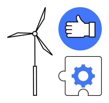Rüzgar türbini, baş parmak ikonu ve dişli yapboz parçasının yanında. Temiz enerji, sürdürülebilirlik, teknoloji, takım çalışması, yenilik, verimlilik, işbirliği ve basit bir iniş sayfası için ideal