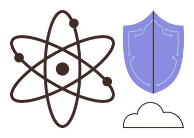 Atomik model, devreli kalkan ve bilimi, güvenliği, bulut hesaplamasını, yeniliği, korumayı, dijital ağları ve veri güvenliğini sembolize eden bulut. Teknoloji bilimi için ideal