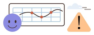 Veri noktaları, mutlu bir yüz ve uyarı işareti olan bir grafikle olumlu ve uyarıcı mesajlar. Analiz, tahmin, geri bildirim, duygular, risk değerlendirmesi, karar verme süreci için ideal