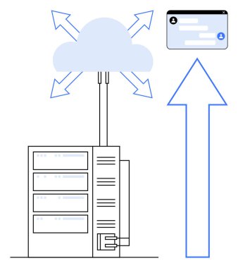 Veri akışı okları ile buluta bağlanan sunucu, dijital arayüz. Bulut depolama, ağ oluşturma, veri transferi, teknoloji, bilişim çözümleri, dijital dönüşüm, basit iniş sayfası için ideal