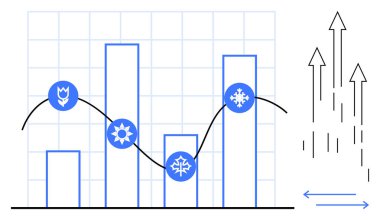 Bahar, yaz ve kış için mevsimsel simgeleri gösteren çizgi ve çizgi eğilimi, büyümeyi ve yönü simgeleyen oklar. İstatistik, analitik, iş stratejisi, iklim değişikliği için ideal