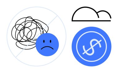 Düzenli ve dağınık karalamalar, üzgün yüz, dağılmış bulut ve dolar işareti farklı duygu ve kavramları vurgular. Kafa karışıklığı, organizasyon, ruh hali değişimi, zihinsel berraklık, finans dengesi için ideal basit