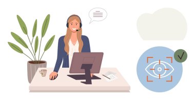 Masasında monitör, konuşma balonu, bitki ve göz tanıma ikonu olan bir kulaklık kullanan kadın müşteri destek ajanı. Müşteri hizmetleri, teknoloji, çalışma alanı, sohbet desteği, doğrulama yapay zekası için ideal