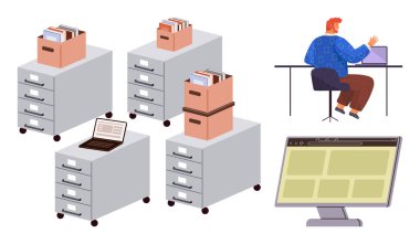 Masa başı çalışanı bilgisayarla dosyaları yönetiyor, dolaplardaki kutuları ve bilgisayar ekranını kullanıyor. Veri yönetimi, organizasyon, dijitalleştirme, iş akışı optimizasyonu, verimlilik için ideal