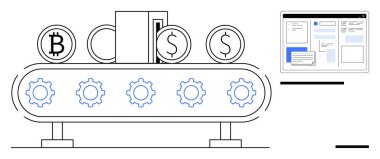 Dişliler bitcoin işlerken konveyör bandı ve dijital kontrol arayüzünün yanında dolar sikkeleri. Fintech, kripto para birimi, otomasyon, yatırım, finans, üretkenlik ve teknoloji için ideal