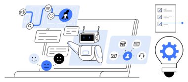 Dizüstü bilgisayardaki mesajları, simgeleri, kontrol listelerini, iletişim araçlarını ve vites simgesini inceleyen robot. Müşteri hizmetleri, teknoloji, otomasyon, Al Chatbot destek iş akışı kullanıcı deneyimi için ideal