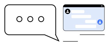 Kullanıcı simgeleri ve metin içeren noktalı ve arayüz pencereli mesaj balonu. Takım çalışması, müşteri desteği, ağ oluşturma, uzak çalışma, sosyal etkileşim, geri bildirim, basit iniş sayfası için ideal