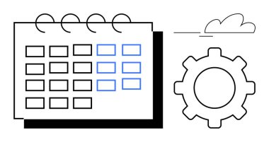 İşaretli tarihli takvim, vites ve minimalist bulutun yanında. Planlama, takım çalışması, programlama, iş akışı, koordinasyon, verimlilik, organizasyon için ideal. Basit düz metafor