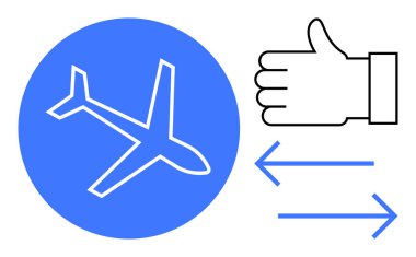 Mavi daireli uçak, el hareketi, hareket ya da değiş tokuşu gösteren çift ok. Seyahat, lojistik, onay, takas, havacılık, navigasyon için ideal basit iniş sayfası