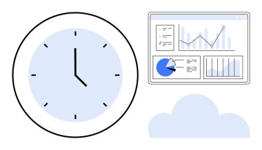 Saat, çizelgeli analitik gösterge paneli ve bulut öğesi üretkenliği, veri içgörüsünü ve uzaktan çalışmayı simgeler. İş, teknoloji, zaman izleme, bulut hesaplama iş verimliliği projesi için ideal