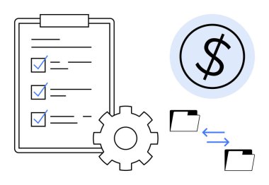 Pano kontrol listesi ve çark organizasyonu temsil ediyor, finans için dolar sembolü, veri paylaşımı için dosya değişimi. Finans, organizasyon, işbirliği, veri yönetimi ve planlama için ideal
