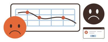 Veri noktalarıyla aşağıya doğru grafikler, üzgün yüz simgeleri, hata ileti kutusu, düşüşü sembolize eden, başarısızlık, hayal kırıklığı. İş kayıpları, gerilemeler ve kriz riskleri için ideal