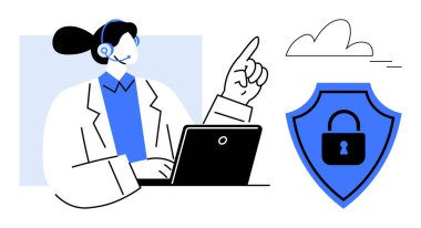 Kulaklık takmış, dizüstü bilgisayar kullanan bir kadın destek ajanı. Kilitli ve bulutlu bir kalkana doğru işaret ediyor. Teknoloji, siber güvenlik, veri koruması, çevrimiçi destek, müşteri hizmetleri, bilişim için ideal