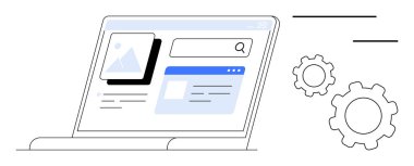 Dizüstü bilgisayar görüntüleme elemanları görüntü önizlemesini, arama çubuğunu ve metin kartlarını vites simgelerinin yanında gösterir. Web tasarımı, geliştirme, optimizasyon, SEO, kullanıcı deneyimi, yazılım için ideal