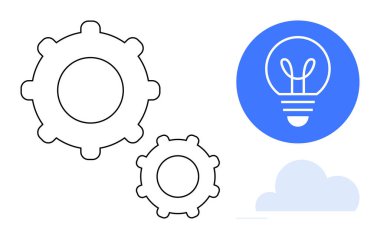 İki birbirine bağlı vites, parlayan mavi bir ampul ve bir bulut simgesi. Teknoloji, yenilik, beyin fırtınası, takım çalışması, bulut çözümleri için ideal, basit iniş sayfasını optimizasyon süreci