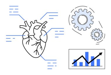 Bağlı veri çizgilerine sahip anatomik kalp, sistemleri ve süreçleri sembolize eden dişliler, ilerlemeyi gösteren bar çizelgesi. Sağlık, tıbbi teknoloji, yenilik, araştırma, veri analizi ve insan için ideal