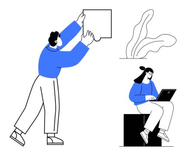 Bir kişi konuşma balonunu kaldırıyor, diğeri de bitkilerin yanındaki dizüstü bilgisayarda çalışıyor. Takım çalışması, uzaktan çalışma, yaratıcılık, iletişim, tasarım, beyin fırtınası eğitimi için ideal. Basit düz metafor