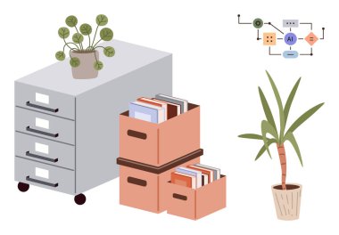 Dosya dolabı ve kitap dolu evrak kutuları, iki saksı bitkisi ve bir yapay zeka çalışma şeması. Organizasyon, üretkenlik, uzaktan çalışma, teknoloji, modern ofis, doğa ve veri için ideal