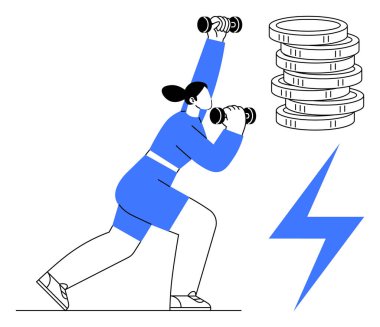 Dambıllarla egzersiz yapan, enerjiyi ve gücü sembolize eden kişi, bir yığın bozuk para ve yıldırımın yanında. Sağlık, motivasyon, fitness, üretkenlik, enerji, yatırım için ideal