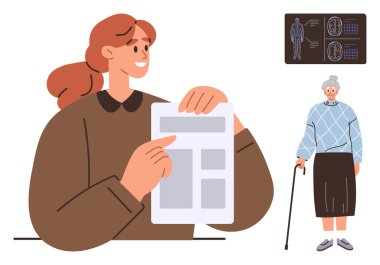 Yaşlı hastaya sağlık bilgilerini açıklarken elinde dosya tutan kadın doktor. Sağlık, yaşlı bakımı, hasta-doktor iletişimi, tıbbi danışma, rehabilitasyon, kıdemli