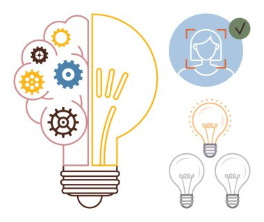 Beyin ve ampul dişlilerle birleşince yenilik ve yaratıcı düşünmeyi sembolize ediyor. Yüz tanıma ve onaylama da dahil. Teknoloji için ideal, yapay zeka, yaratıcılık, yenilik