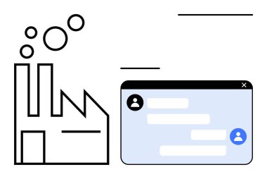 Dijital sohbet arayüzü penceresinin yanında baloncuk çıkaran bacaları olan bir fabrika dış cephesi. Üretim, iletişim, yenilik, teknoloji, iş, işbirliği, basit iniş sayfası için ideal