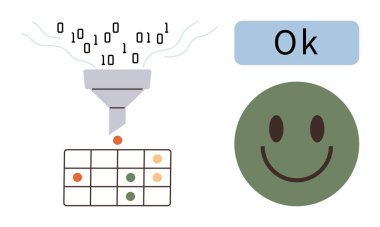 Huniden geçen ikili kod, ızgaradaki kategorize görsel verilere dönüşür ve yeşil mutlu bir yüze ulaşır. Veri işleme, yapay zeka, karar verme, analiz, iş akışı, teknoloji için ideal