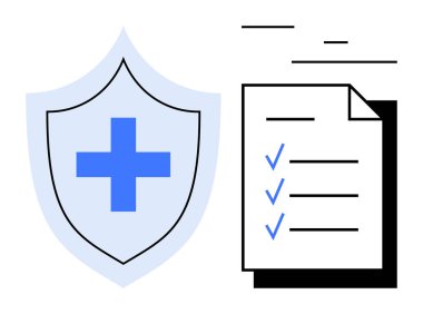 Sağlık, sigorta, koruma, uyum, güvence, değerlendirme ve organizasyonu temsil eden bir kontrol listesinin yanında tıbbi haç bulunan bir kalkan. Basit sağlık uygulamaları sigorta platformları için ideal