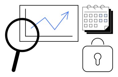 Büyüme grafiğinin üzerinde büyüteç, tarihli takvim ve güvenlik için asma kilit. Veri analizi, planlama, planlama, gizlilik, araştırma iş stratejisi için ideal güvenli büyüme. Basit düz