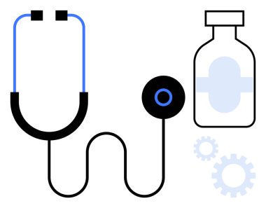 İlaç şişesinin yanında sarmal tüp ve küçük vitesli steteskop, sağlık teşhisi, tedavi ve işbirliğini simgeliyor. Sağlık, tanı, yenilik, eczane ve araştırma için ideal