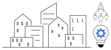 Bir ampulün içinde insan ağı ve teçhizatı olan modern şehir binaları. Takım çalışması, yenilik, şehir planlaması, iş çözümleri, işbirliği, yaratıcılık ve liderlik için ideal. Basit düz