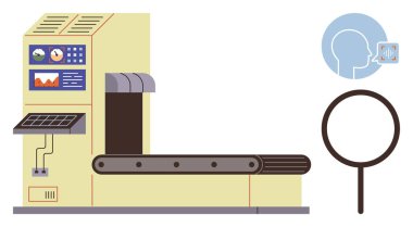 Göstergeli şerit makinesi, kontrol panelleri ve büyüteç ikonu. Üretim, teftiş, teknoloji, imalat, otomasyon kalite kontrol endüstriyel verimliliği için idealdir. Basit.