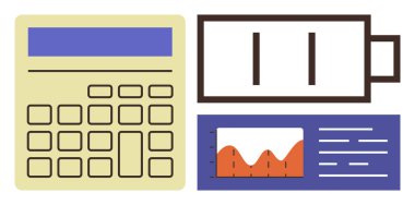 Hesap makinesi, pil seviyesi simgesi ve veri grafiği finans, enerji, üretkenlik, analitik, kaynaklar, verimlilik yönetimi temalarını vurguluyor. Enerji planlaması için ideal veya basit
