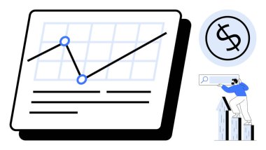 Veri noktalarıyla yükselen finansal grafik, işaretlenmiş dolar işareti ve yükselen grafikteki verileri analiz etmek. Finans, yatırım, büyüme, analitik, kâr, başarı için ideal düz metafor