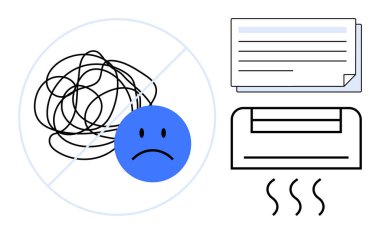 Hüzünlü mavi yüz, birbirine dolanmış çizgiler kağıt düzenleyici ve ısıtma cihazıyla zıt. Stres, organizasyon, üretkenlik, rahatlık, stres rahatlığı, zihinsel sağlık ve duygusal yönetim için ideal