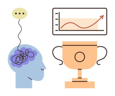 Karışık düşünce balonu olan insan kafası, yükselen eğilimi gösteren büyüme çizelgesi ve başarıyı simgeleyen altın kupa. Başarı, odaklanma, ilerleme, psikoloji, motivasyon, hedefler ve öğrenme için ideal