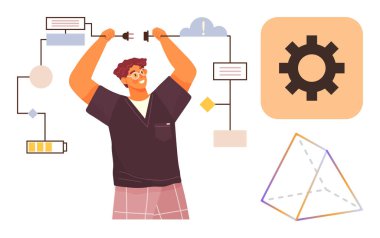 Akış çizelgeleri, araçlar ve diyagramlarla çalışan bir mühendis. Mühendislik, teknoloji, iş akışı, yaratıcılık, yenilik otomasyon süreci tasarımı için idealdir. Canlı ve basit bir düz metafor.