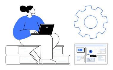 Dizüstü bilgisayar kullanan bir kadın bir dişli ikonu ve grafikleri olan bir panelin yanında oturuyor. Eğitim, teknoloji, üretkenlik, analitik, yenilik, öğrenme ve büyüme için ideal