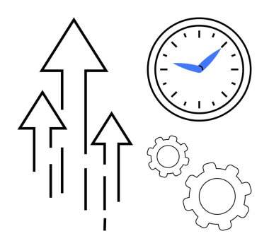 Büyümek için yukarı doğru üç ok, zaman yönetimi için analog saat ve sinerji için vites. İş stratejisi, iş akışı, başarı, verimlilik, yenilik, iyileştirme için ideal